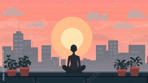 Silhouette of person meditating on rooftop at sunrise