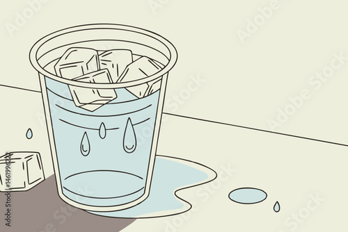 Melting ice cubes in a plastic cup with spilled water  