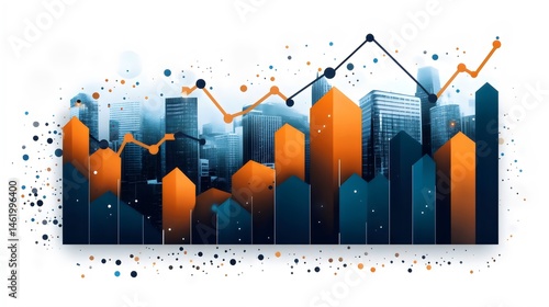 A city skyline with orange and blue buildings and a white background