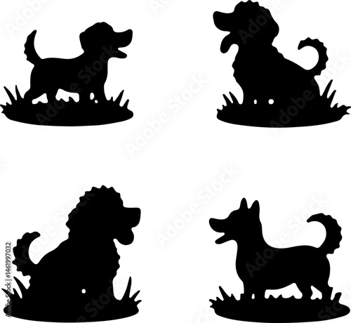 Cute Dog Silhouette Collection – Sitting and Standing Poses in Grass