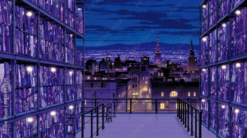 Fototapeta premium Nighttime cityscape view from rooftop balcony with illuminated multi-level structures filled with purple items