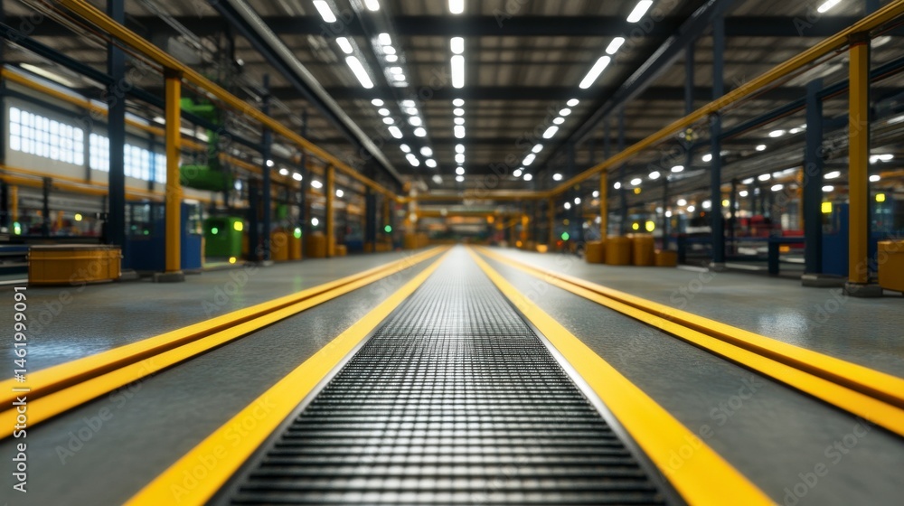 Modern Industrial Factory Interior with Bright Lighting and Yellow Pathways Modern Industrial Factory Interior with Bright Lighting and Yellow Pathways
