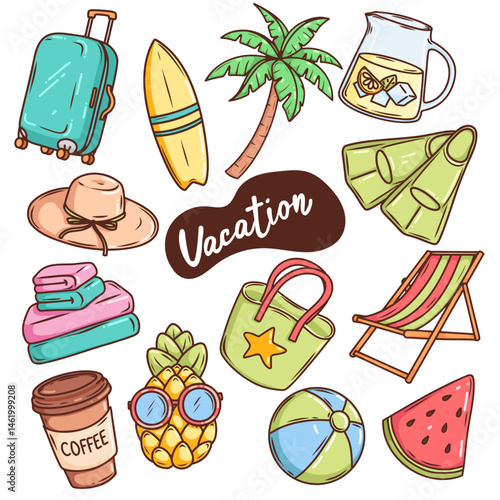 Summer vacation travel illustrations set, colorful stickers,  icons. Vector pineapple, ice cream, palm tree, suit case, sun lounger, flippers, surfboard