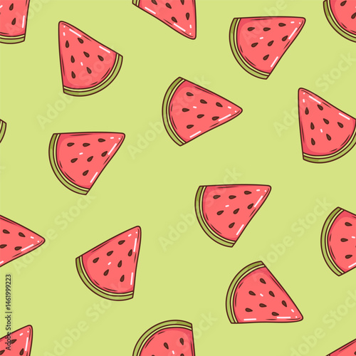 Watermelon vector seamless pattern. Ripe fruit pieces, halved and sliced. Fresh organic fruit illustration on green background for print,  fabric, swatch. Healthy vegan food
