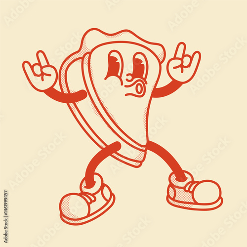 Happy retro mascot piece of pie character with fingers in rock gesture. Menu, homemade bakery symbol