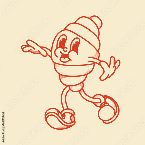 Happy retro mascot croissant character, smiling, in cute shoes. Menu, homemade bakery symbol