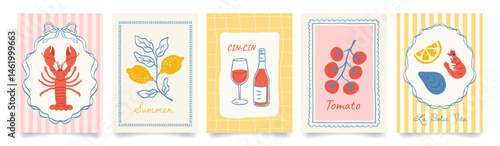 Set of abstract food posters. Mediterranean cuisine. Hand drawn lemons, lobster, tomato, wine, shrimp. Italian summer vibe, Amalfi, dolce vita style. Trendy design for cards, print, kitchen, branding.