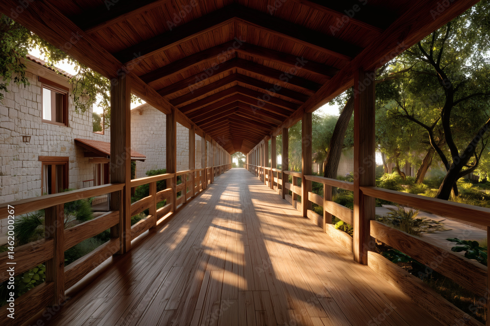 Long wooden walkway with roof connecting buildings, sunlight streaming through. Peaceful, inviting architecture. Long wooden walkway with roof connecting buildings, sunlight streaming through. Peaceful, inviting architecture.