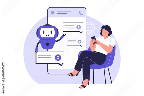 Chatbot Conversation with User on Mobile App. AI Virtual Assistant Illustration. Illustration for websites, landing pages, mobile apps, posters and banners