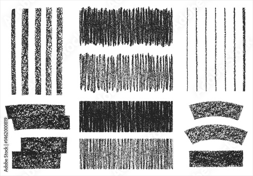 Textured strokes, rectangle stripes, lines, scribbles collection. Chalk, charcoal, black crayon, pastel hand drawn artistic graphic elements, grungy shapes set. Rough text backgrounds banners boxes.