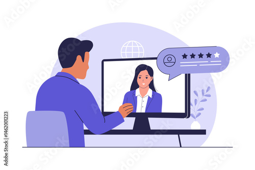 Remote Job Interview via Video Call. Online Recruitment and Hiring Illustration. Illustration for websites, landing pages, mobile apps, posters and banners