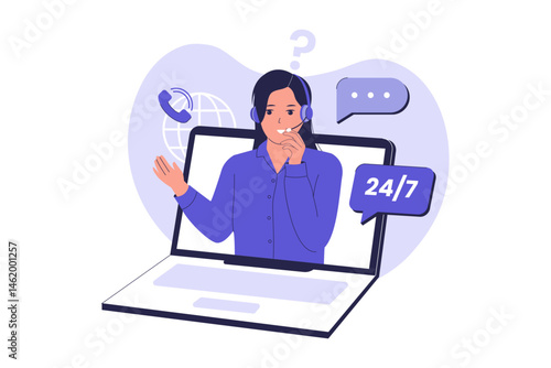 Online Customer Support 24/7. Virtual Assistance Illustration for Help Service. Illustration for websites, landing pages, mobile apps, posters and banners