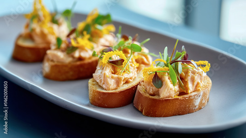 Crostini with salmon paté, aromatic herbs and orange zest