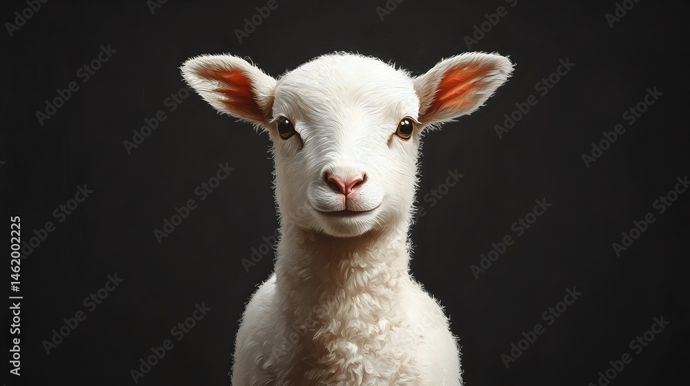 Fototapeta premium A cute white lamb with red ears is staring at the camera
