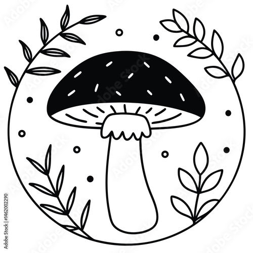 Mushroom vector Silhouette Line art illustration Mushroom surrounded by forest leaf litter