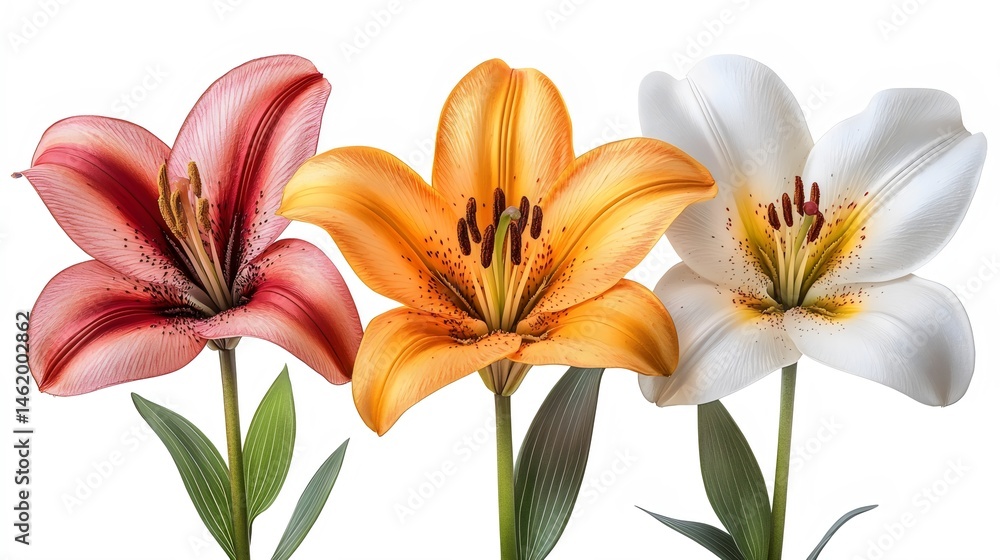 Fototapeta premium Three flowers of different colors are arranged in a row