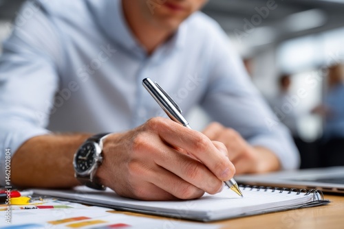 Close up of a businessman writing in a notebook with a pen on a desk, taking notes during a meeting in a bright modern office environment.