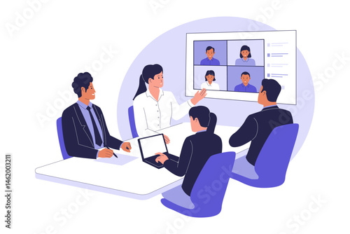 Virtual Business Meeting with Hybrid Team. Online and In-Person Collaboration Illustration. Illustration for websites, landing pages, mobile apps, posters and banners