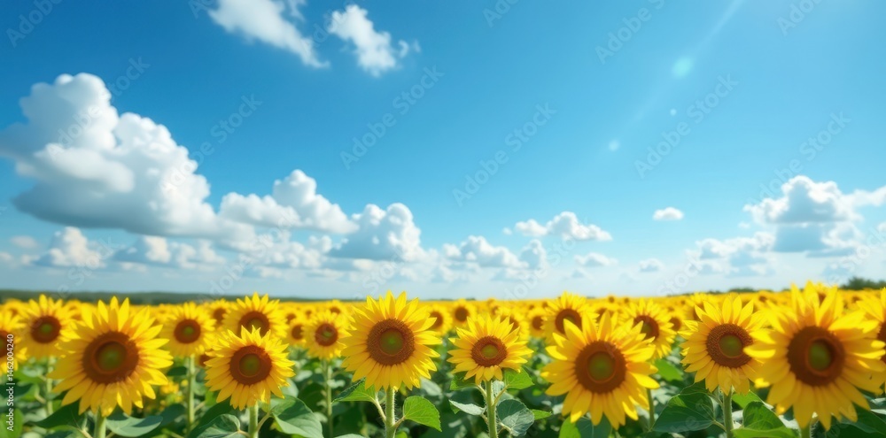 Fototapeta premium Serene expanse of sunflowers under a flawless blue sky , vibrant, rural, sunny