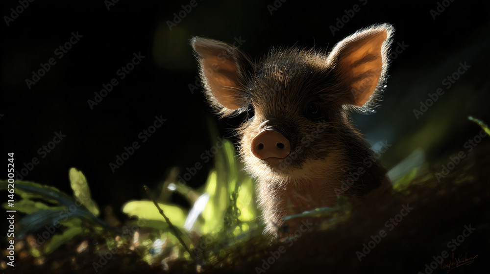 Obraz premium Tiny piglet with big pinna in an adorable digital drafting