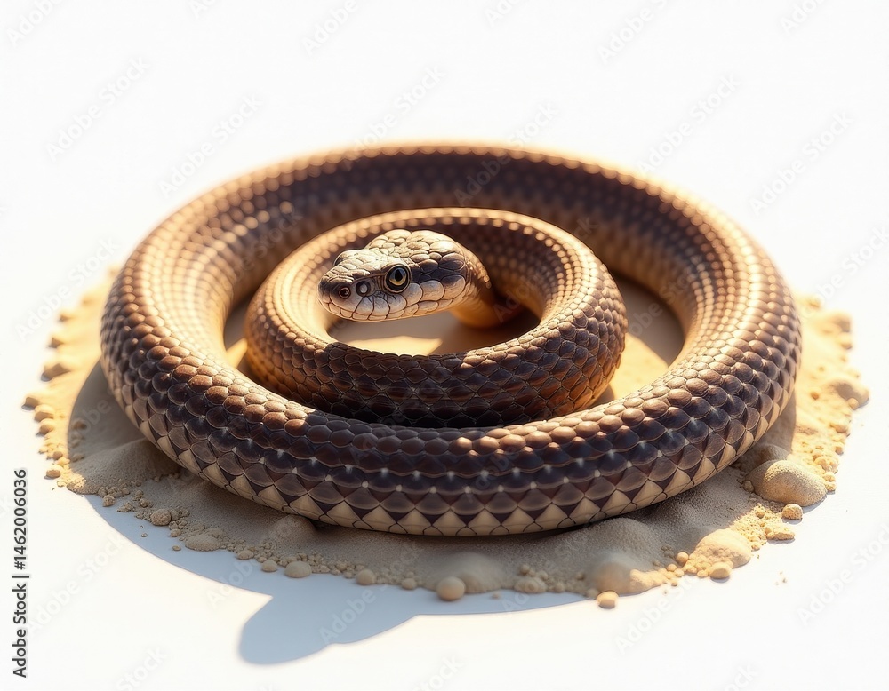 Fototapeta premium Coiled Snake on Sand - Close-up of a Brown Snake in the Sun