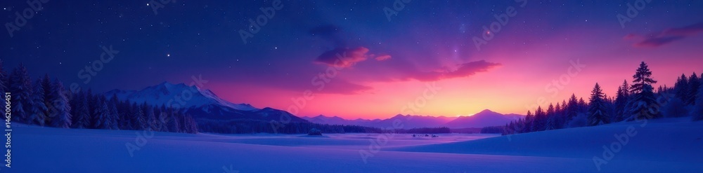 Serene twilight sky, starlit, snowy landscape , cold, night sky Serene twilight sky, starlit, snowy landscape , cold, night sky