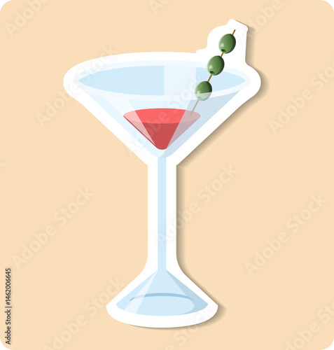 Elegant martini glass with olives standing on pink background