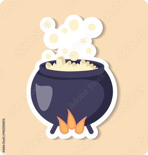 Cartoon style illustration of a magic potion boiling in a cast iron cauldron on fire