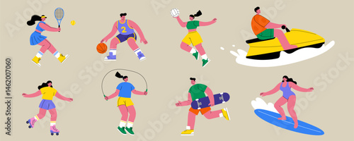 Set of people doing summer sports – Flat vector illustration of active men and women playing tennis, basketball, surfing, roller skating, jet skiing, volleyball, jump rope, skateboarding