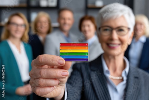 A smiling senior woman proudly displays a rainbow LGBTQ pride flag pin in the workplace, surrounded by diverse colleagues showing support and solidarity.