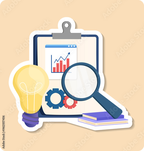Business analysis concept with magnifying glass examining financial report document and light bulb for new idea