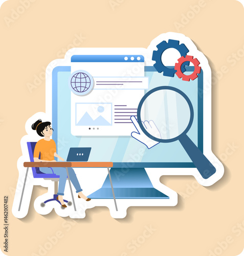 Woman working on website analysis using big data magnifying glass