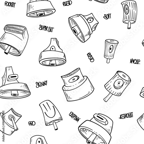 Seamless pattern with graffiti caps, spray can nozzles, and hand-drawn tags. Urban street art background with lettering elements in hip-hop style