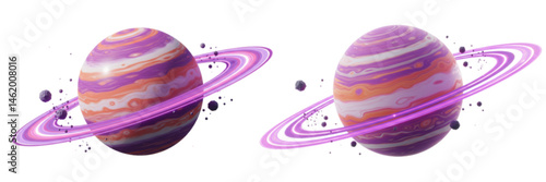 3d striped ringed planets on transparent background