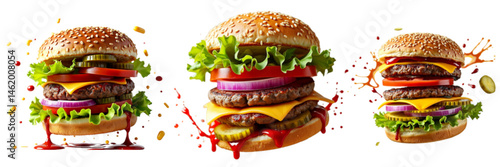 cheeseburger flying dynamic Motion on transparent background