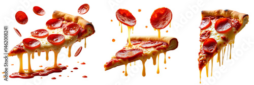 pepperoni pizza slices flying Dynamic Motion on transparent background