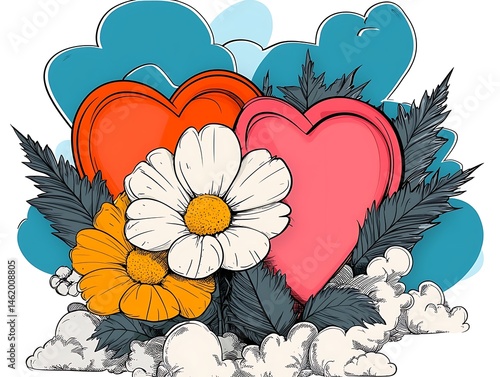 Two hearts, flowers, and clouds