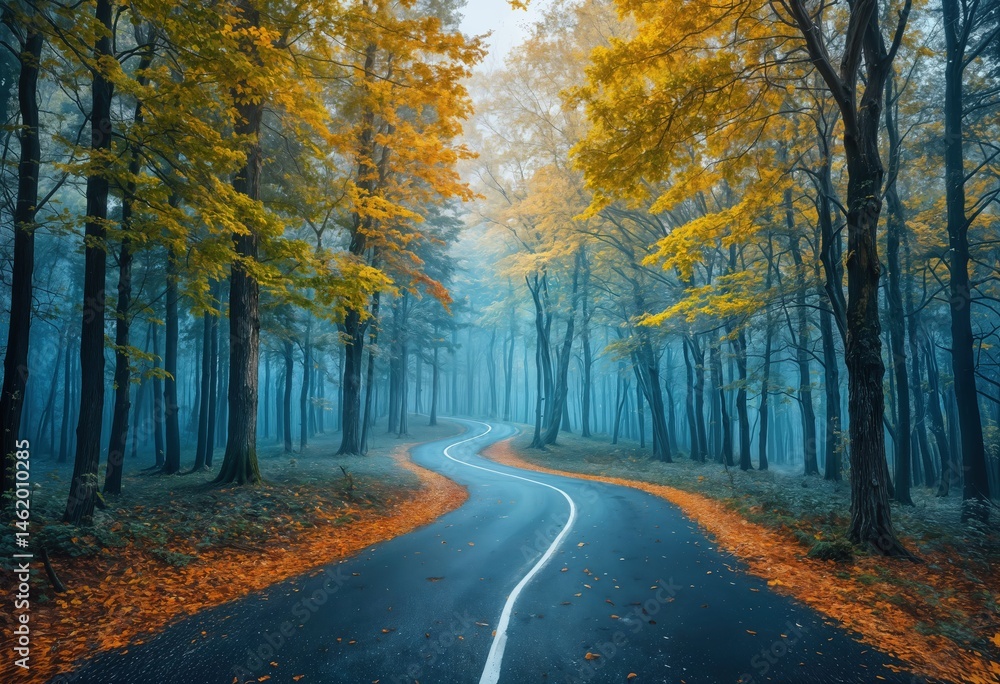 Fototapeta premium a winding road cuts through a vibrant autumn forest enveloped in a cool, ethereal mist.