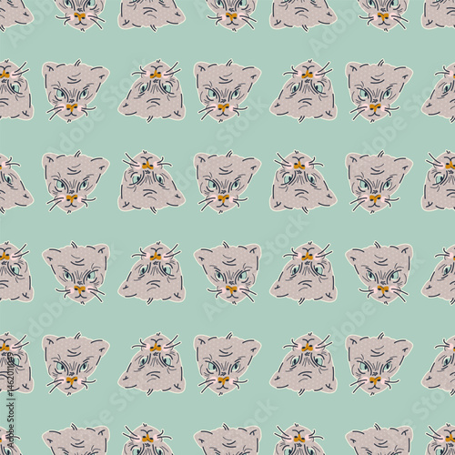 Stylish seamless pattern with muzzles of cats. Vector blue print, design, background