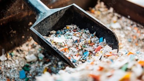 Scoop filled with colorful granulated plastic waste, symbolizing plastic recycling, sustainable materials, circular economy, polymer reuse, waste management and environmental protection in industry