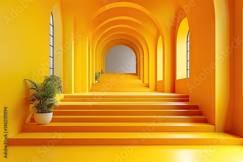 A vibrant yellow architectural hallway with ascending steps.