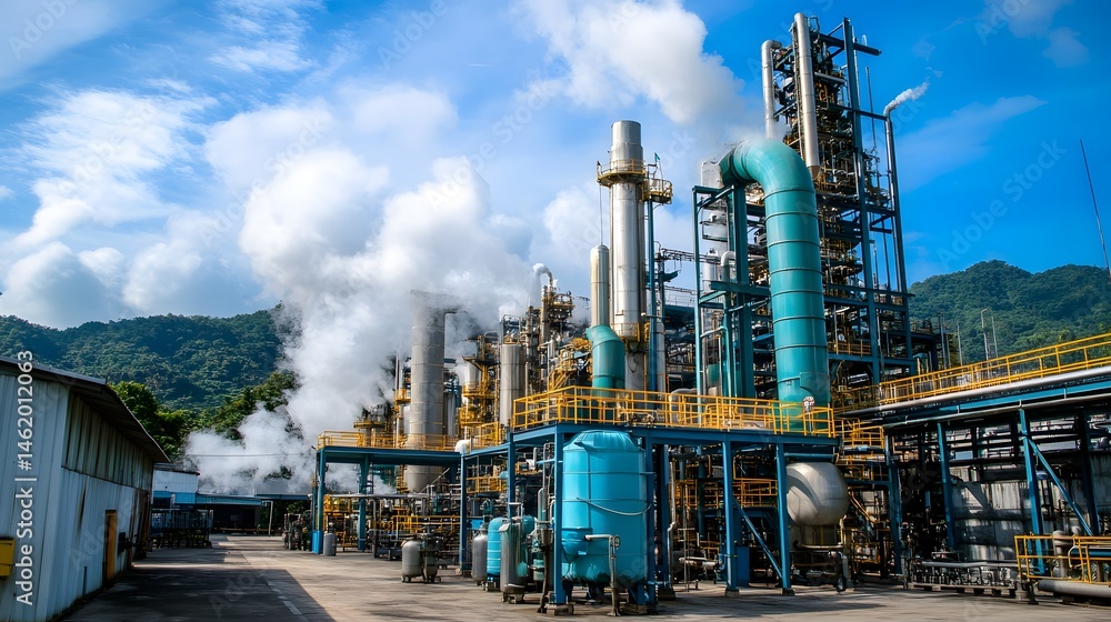 Fototapeta premium Industrial complex under a partly cloudy sky.