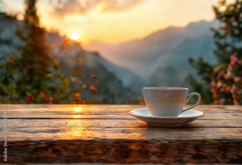 a delicate white teacup rests on a weathered wooden surface overlooking a breathtaking mountain landscape bathed in the warm glow of a setting sun. a delicate white teacup rests on a weathered wooden surface overlooking a breathtaking mountain landscape bathed in the warm glow of a setting sun.
