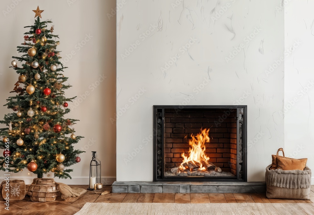 a warmly lit fireplace and decorated christmas tree create a cozy and inviting holiday scene in a minimalist living room. a warmly lit fireplace and decorated christmas tree create a cozy and inviting holiday scene in a minimalist living room.
