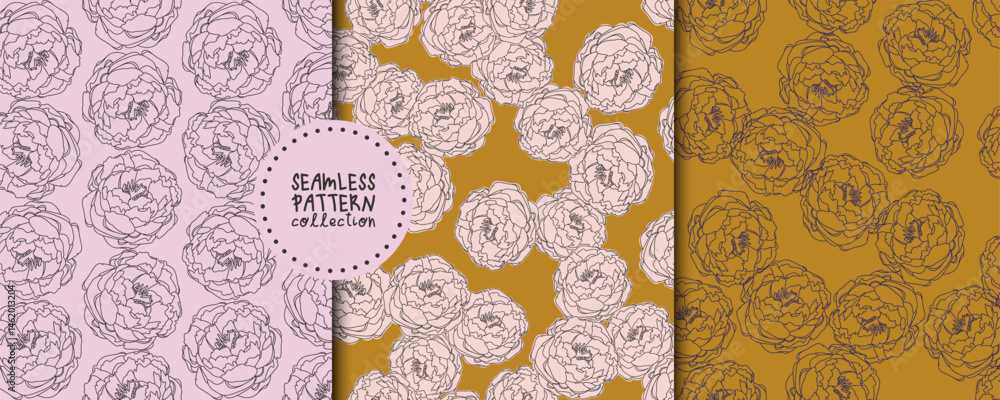 Fototapeta premium Set of seamless patterns with peonies in vector. Backgrounds, prints, design elements