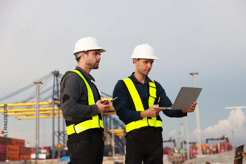 Two men with green safety vests and PPE are working at the port, using the logistics export-import transportation concept. Two males are working in a logistics shipping yard. Marine and carrier insur Two men with green safety vests and PPE are working at the port, using the logistics export-import transportation concept. Two males are working in a logistics shipping yard. Marine and carrier insur
