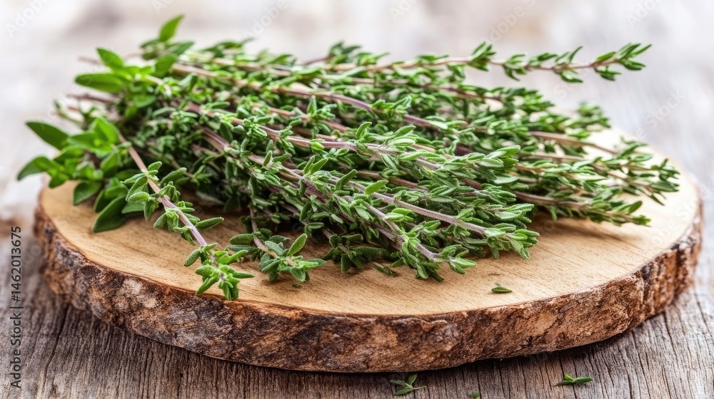 Fresh Thyme Herb Bunch on Wooden Cutting Board with Natural Light Fresh Thyme Herb Bunch on Wooden Cutting Board with Natural Light