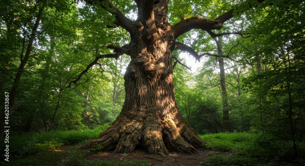 Fototapeta premium Majestic ancient oak tree stands tall in sun dappled forest its age a testament to nature's enduring beauty