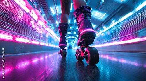 45. Classic roller skates with jet thrusters racing through a luminous tunnel