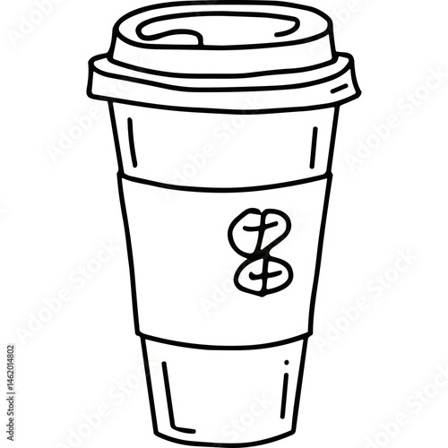 Coffee Cup with Coffee Beans Logo Black and White Line Art of Coffee Drink in Paper Cup with Lid. Coffee cup illustration with coffee beans logo on holder